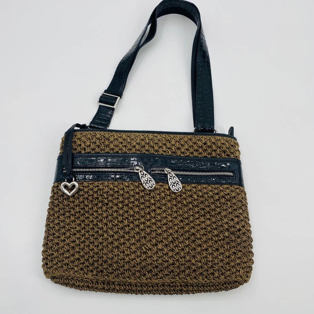 Brighton Brown Black Woven Straw and Leather Messenger Shoulder Bag - Picture 10 of 11